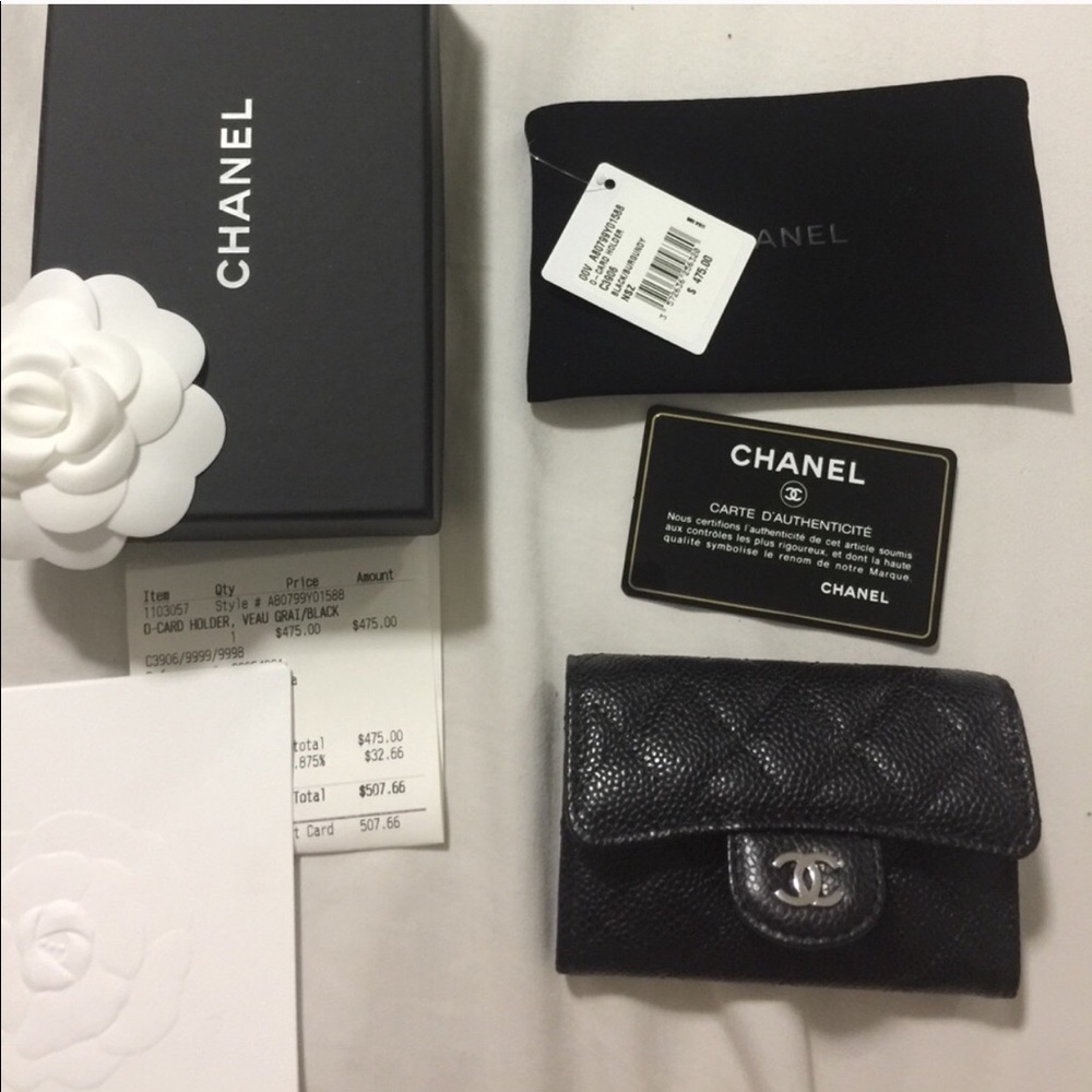 Chanel Classic Caviar silver tone card holder